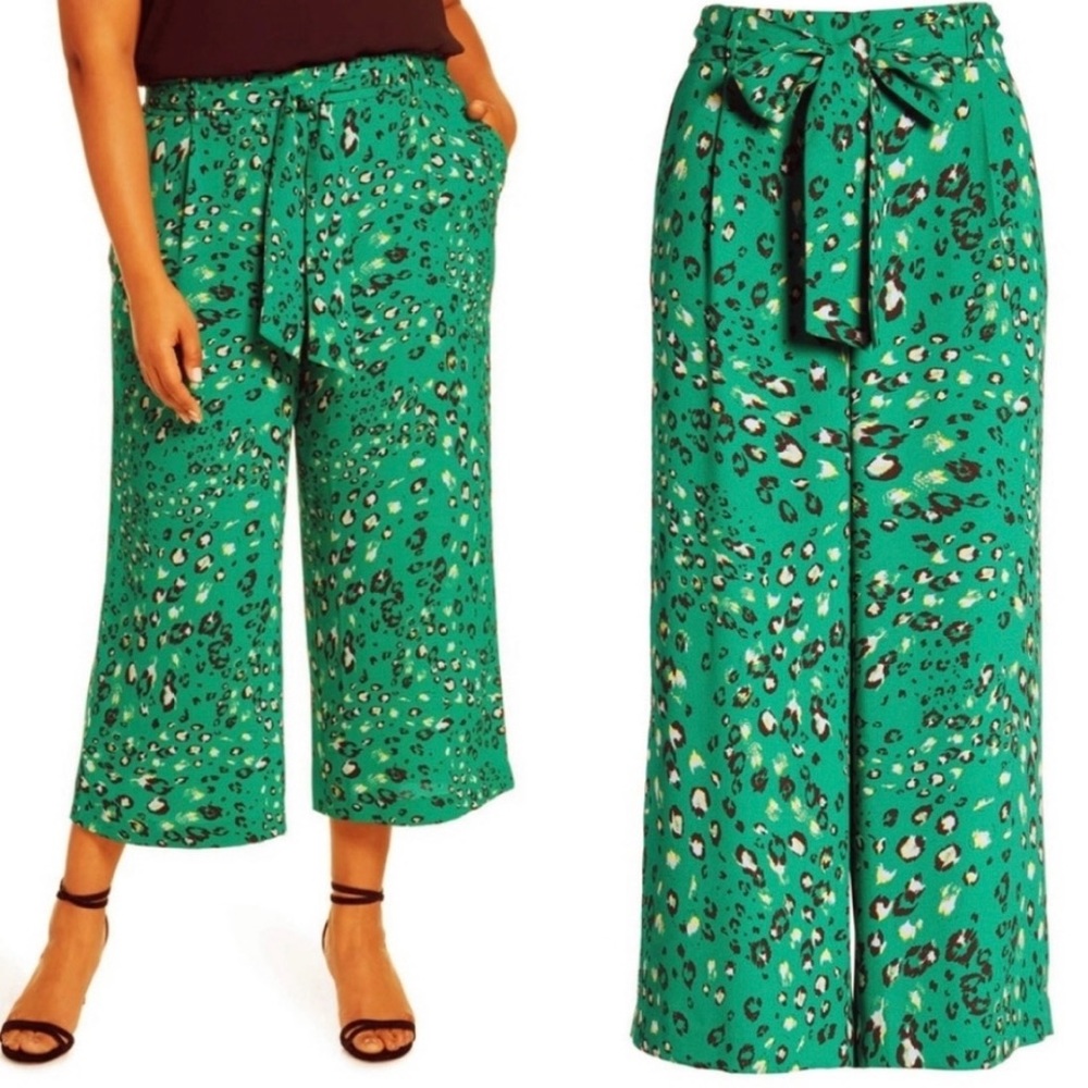 Halogen Wide Leg Pants Capri | size: small | green leopard print